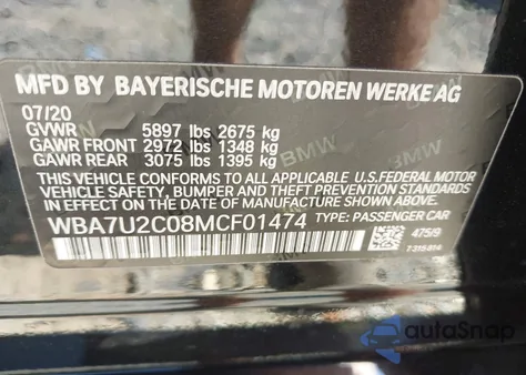 2021 BMW 750I xDrive from USA, damaged, VIN WBA7U2C08MCF01474